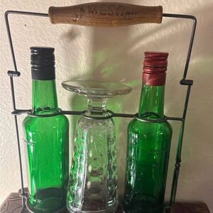 Shabby Chic Upcycled liquor bottles and holder with vintage bubble glass